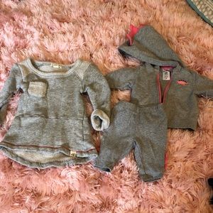 Burt’s bees shirt and Carters dinosaur outfit